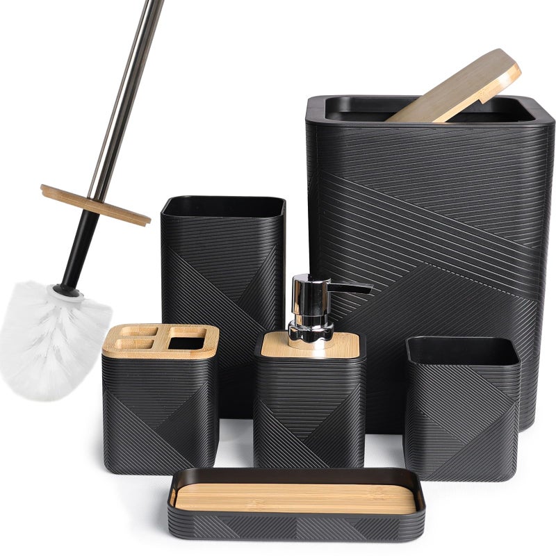 CERBIOR Bathroom Accessories Set 6 Piece Bamboo Bath Ensemble Includes Soap Dispenser  Toothbrush Holder  Toothbrush Cup  Soap Dish for Decorative Countertop and Housewarming Gift (Black) - Image 1